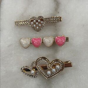 Gold Heart Pearl & Pink Accent Hair Clip Trio